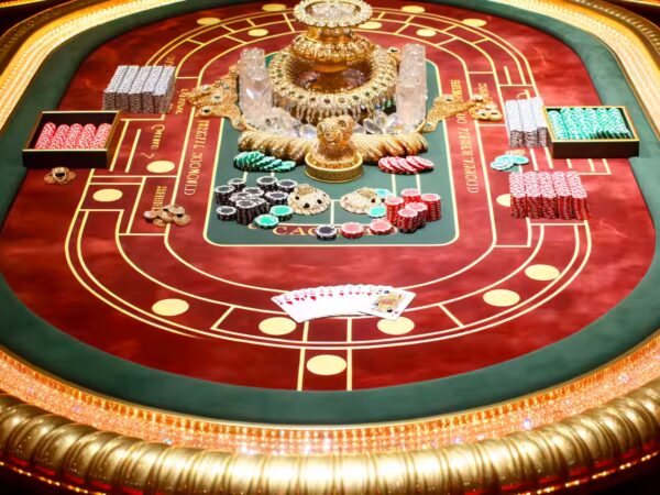 Ein luxuriöser Baccarat Tisch mit Karten und Jetons.|Strategische Züge am Baccarat Tisch.