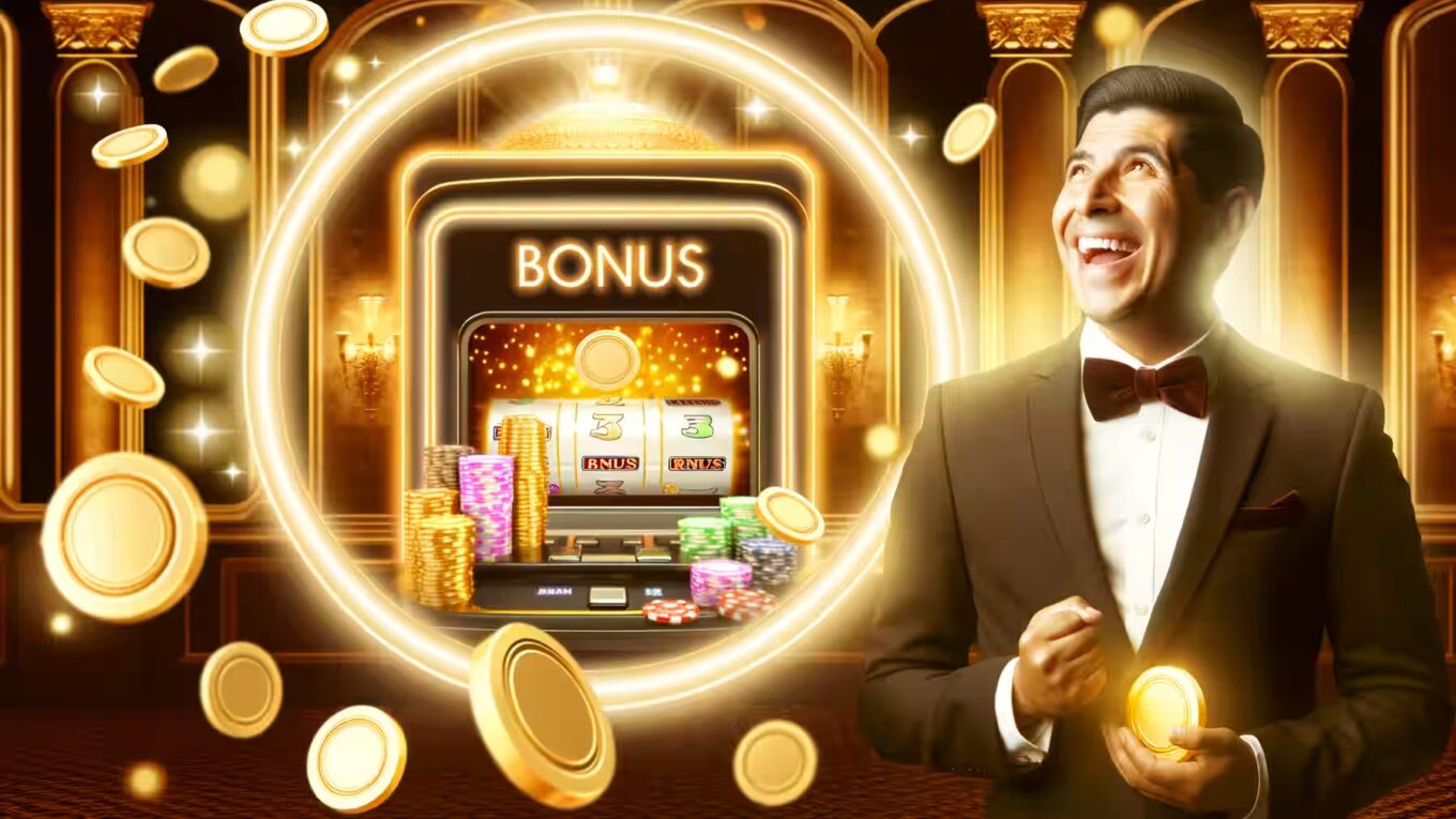 Ein Spieler freut sich über einen großen Casino-Bonus-Gewinn.|Übersicht verschiedener Casino Bonus Arten mit visueller Darstellung.|Spieler nutzt einen exklusiven Bonuscode im Online Casino.