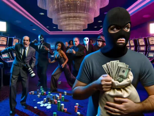 Ein maskierter Dieb mit gestohlenen Casino-Chips in einem überwachten Casino in Las Vegas.|Ein Überwachungsraum mit Casino-Sicherheitsleuten