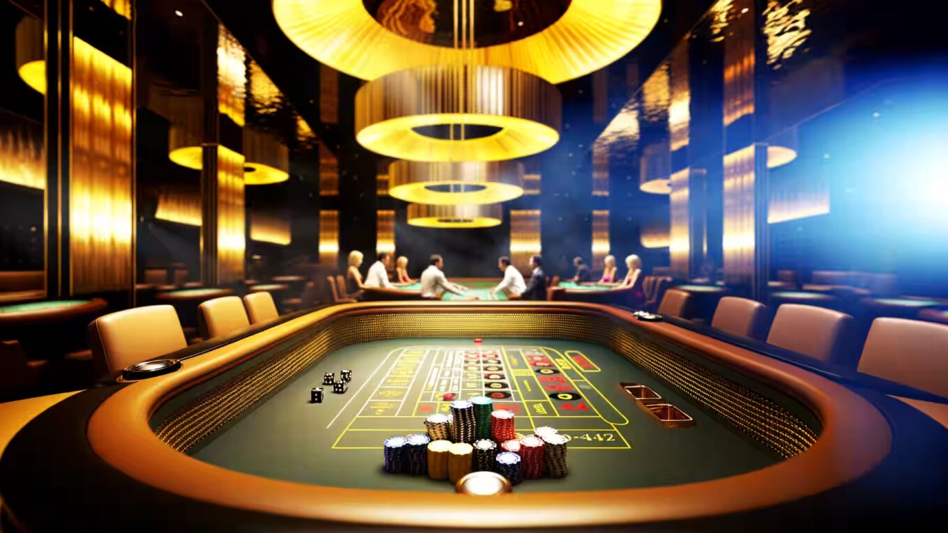 Ein beleuchteter Craps-Tisch mit Würfeln und Chips in einem Casino.|Ein glücklicher Spieler jubelt über seinen Craps-Gewinn.|Vergleich zwischen Craps im Casino und Online-Craps.