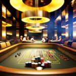 Ein beleuchteter Craps-Tisch mit Würfeln und Chips in einem Casino.|Ein glücklicher Spieler jubelt über seinen Craps-Gewinn.|Vergleich zwischen Craps im Casino und Online-Craps.