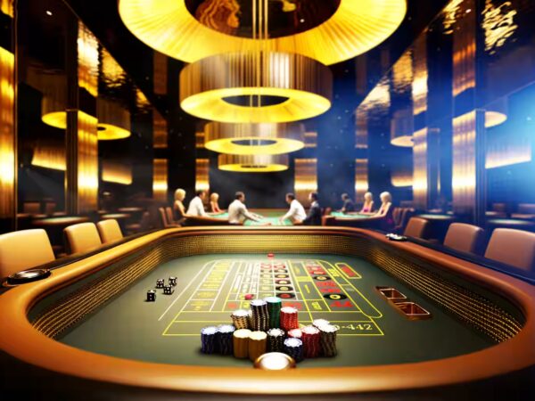 Ein beleuchteter Craps-Tisch mit Würfeln und Chips in einem Casino.|Ein glücklicher Spieler jubelt über seinen Craps-Gewinn.|Vergleich zwischen Craps im Casino und Online-Craps.