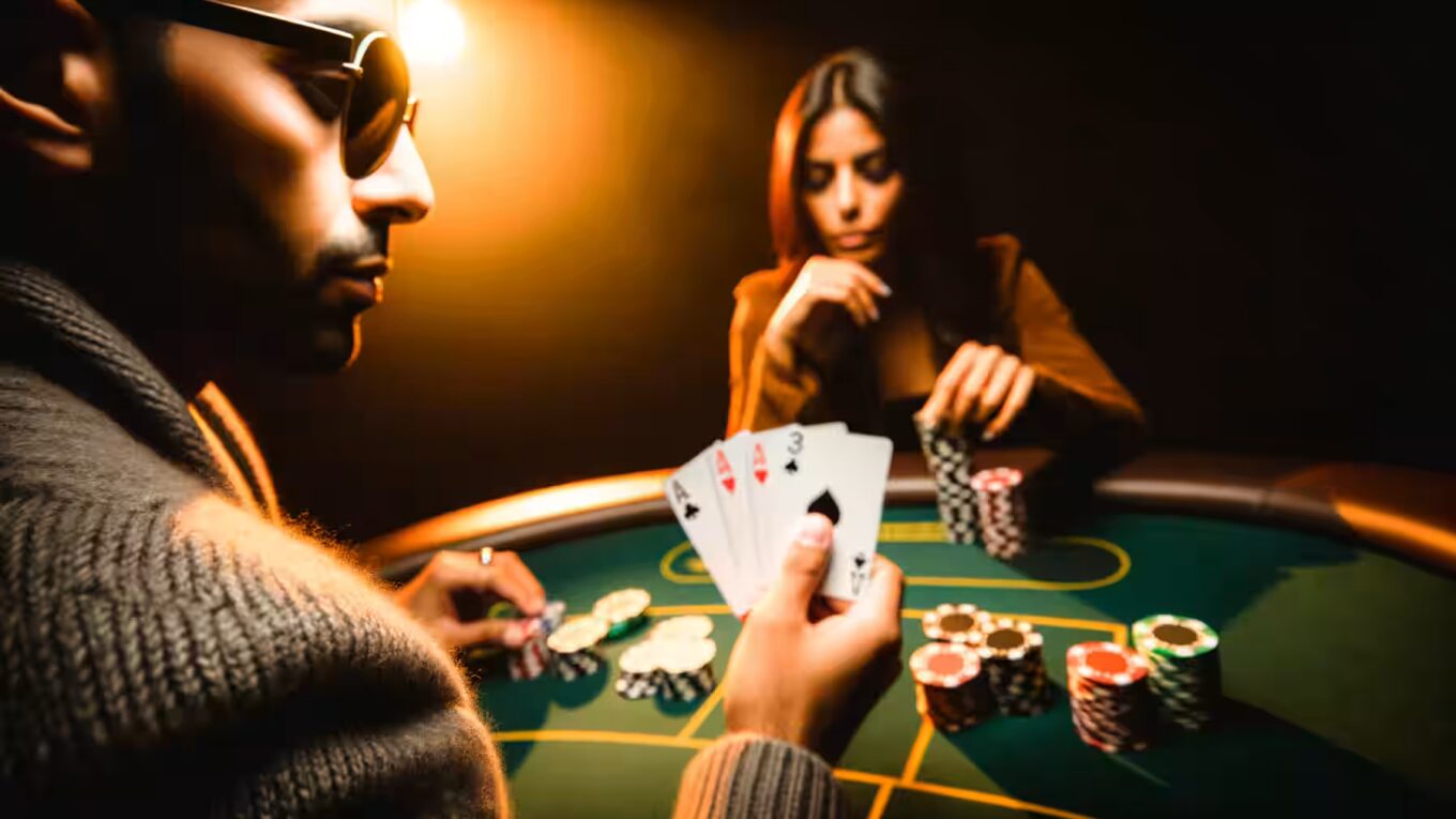 Spieler am Pokertisch mit verdeckten Five Card Draw Karten.|Zwei Pokerhände im Five Card Draw – Gewinner vs. Verlierer.|Ein Pokerspieler setzt alles auf seinen Bluff im Five Card Draw.