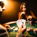 Spieler am Pokertisch mit verdeckten Five Card Draw Karten.|Zwei Pokerhände im Five Card Draw – Gewinner vs. Verlierer.|Ein Pokerspieler setzt alles auf seinen Bluff im Five Card Draw.