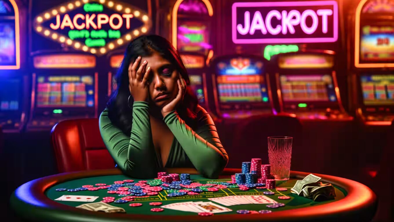 Eine besorgte Person am Casino-Tisch mit Jetons und Geldscheinen.|Eine Waage mit Geld auf der einen Seite und einem Warnschild auf der anderen.|Ein Smartphone mit einer Casino-App und einer Spielsucht-Warnung.