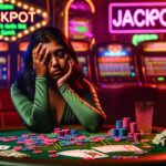 Eine besorgte Person am Casino-Tisch mit Jetons und Geldscheinen.|Eine Waage mit Geld auf der einen Seite und einem Warnschild auf der anderen.|Ein Smartphone mit einer Casino-App und einer Spielsucht-Warnung.