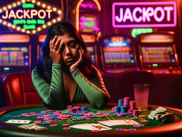 Eine besorgte Person am Casino-Tisch mit Jetons und Geldscheinen.|Eine Waage mit Geld auf der einen Seite und einem Warnschild auf der anderen.|Ein Smartphone mit einer Casino-App und einer Spielsucht-Warnung.