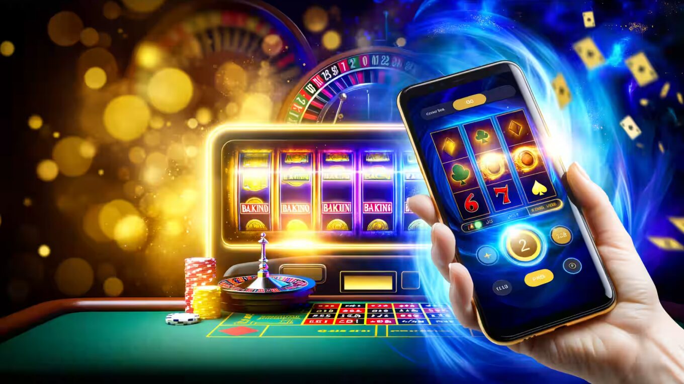 Online-Casino-Spiellandschaft mit Smartphone und Slot-Maschinen|Sicherheitssiegel für lizenzierte Online-Casinos|Spieler analysiert Gewinnstrategien für Internet Casinos