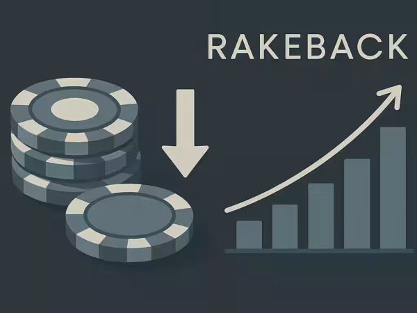 Szene mit Chips und Diagramm verdeutlicht Rakeback-Gewinne im Casino|Schema mit Pfeilen und Chips erklärt Rakeback visuell|Digitale Darstellung von Rakeback mit Chip und Prozentzeichen