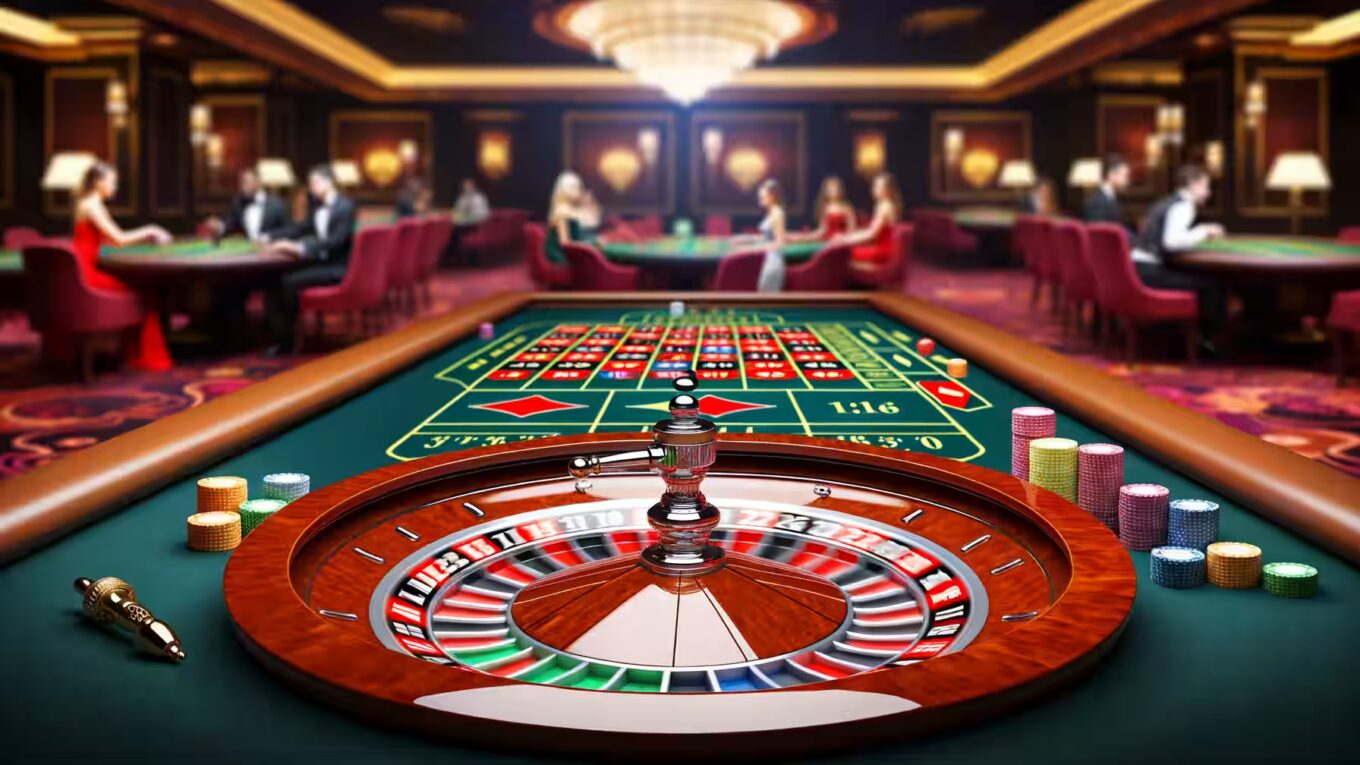 Ein realistisch dargestellter Roulette-Tisch mit Jetons und sich drehender Kugel.|Eine Spielerhand setzt gezielt Jetons auf ein Roulette-Feld.|Eine realistische Darstellung eines Roulette-Kessels mit Gewinnchancen-Visualisierung.