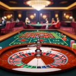 Ein realistisch dargestellter Roulette-Tisch mit Jetons und sich drehender Kugel.|Eine Spielerhand setzt gezielt Jetons auf ein Roulette-Feld.|Eine realistische Darstellung eines Roulette-Kessels mit Gewinnchancen-Visualisierung.