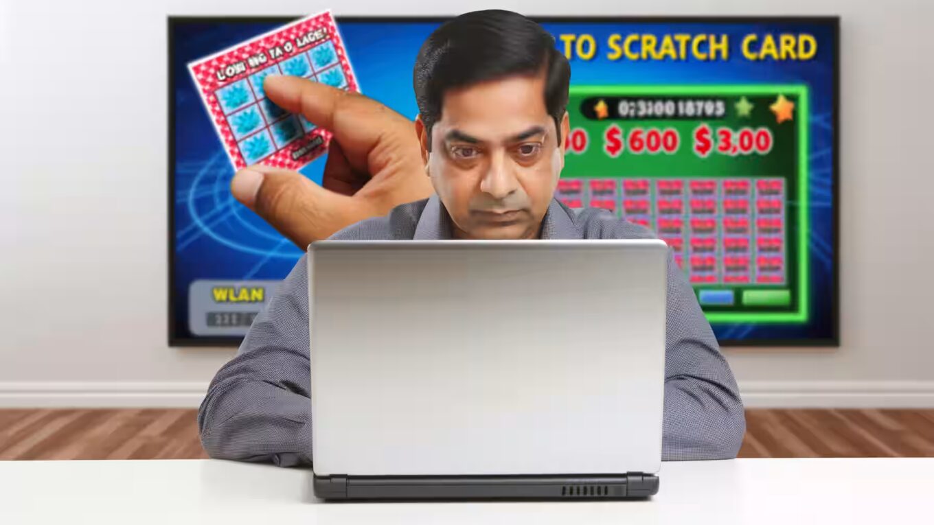 Ein Mann spielt ein digitales Rubbellos auf einem Laptop.|Benutzeroberfläche eines digitalen Rubbellosespiels.