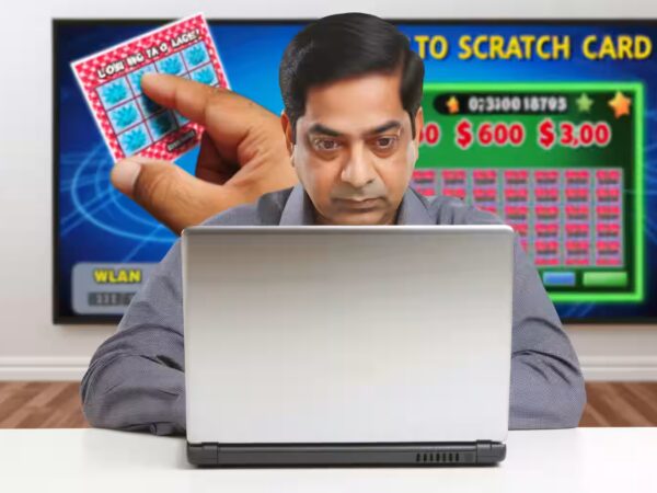 Ein Mann spielt ein digitales Rubbellos auf einem Laptop.|Benutzeroberfläche eines digitalen Rubbellosespiels.